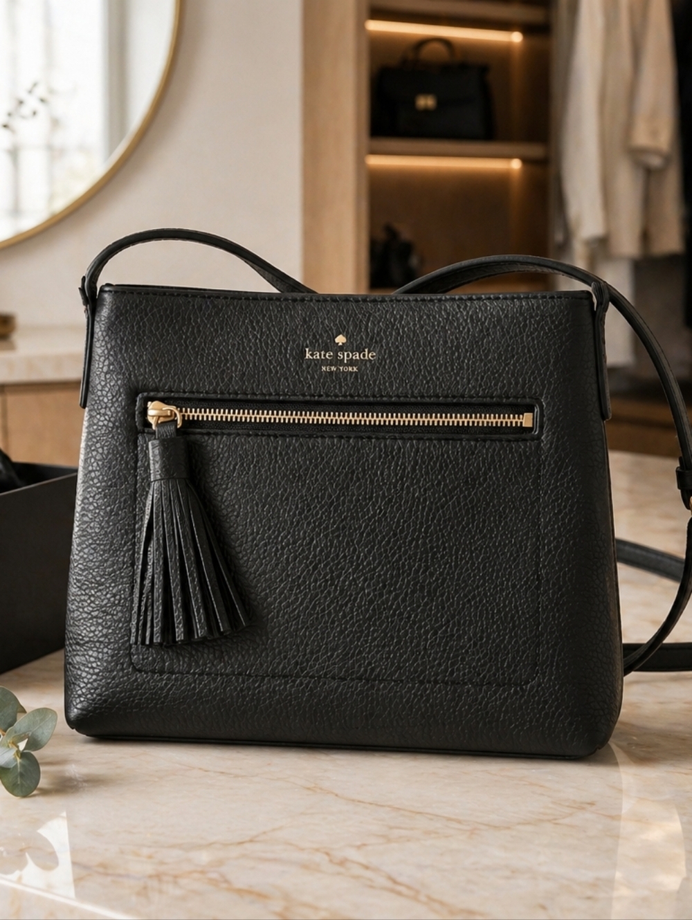 Kate Spade Black Pebbled Leather Tassel Crossbody with Gold Zip